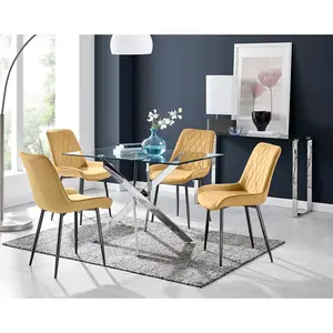 Lenworth Glass Rectangular Dining Table Set with 4 Luxury Velvet Chairs Mustard/Black / Silver