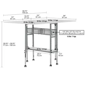 Adjustable Fabric Cutting Table with Grid & Storage Silver/White 149x91x77-100cm