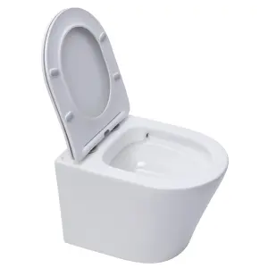 Gloss White Hidden Fixation Wall Hung Rimless Toilet WC Pan & Soft Close Slim Seat