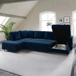 Navy Blue Velvet U-Shaped Left Hand Sofa Bed With Storage - Seats 6 - Boe