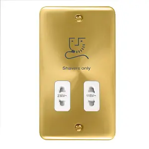 Curved Satin / Brushed Brass Shaver Socket 115v/230v - White Trim - SE Home