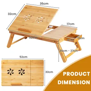 Costway Portable Bamboo Folding Laptop PC Desk Tray W/ Adjustable Legs & Tilting Heat-dissipation Top