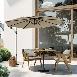 3M Khaki Crank Tilt Solar Banana Light Bar Umbrella Cantilever Parasol