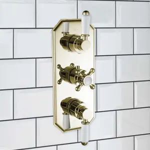 ENKI Regent English Gold White Crosshead 3-Outlet Solid Brass Thermostatic Triple Shower Valve TSV038