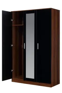 REFLECT 3 Door Mirrored Wardrobe in Gloss Black Door Fronts and  Walnut Carcass