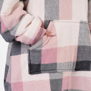 Dreamscene Check Hoodie Blanket Soft Wearable Sherpa Oversized Sweatshirt, Blush