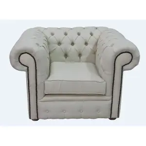 Chesterfield Low Back Club Armchair Charles Cream Real Linen Fabric In Classic Style