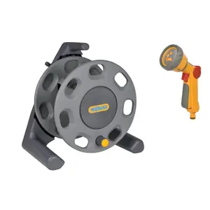 Hozelock 2410 Compact Floor Standing Hose Reel & 2679 Multi Spray Gun