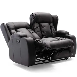 Caesar Manual High Back Luxury Bond Grade Leather Recliner 2 Seater Sofa (Black)