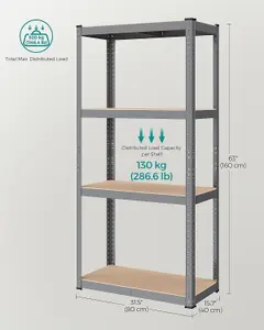 SONGMICS 4-Tier Storage Rack, Boltless Steel Shelving Unit, Shelf, for Garage and Shed, Grey