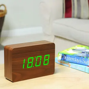 Sleek & Chic Modern Digital Birch Solid Wood Electric Alarm Tabletop Clock Walnut/Green