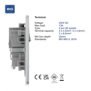 BG Electrical FBS21G Nexus Screwless Flat-Plate Single Switched Plug Socket Brushed Steel Grey Insert 13A