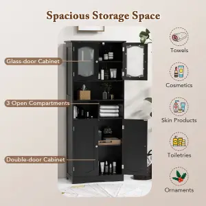 COSTWAY 148cm Tall Bathroom Cabinet Freestanding Storage Cabinet with Tempered Glass Doors