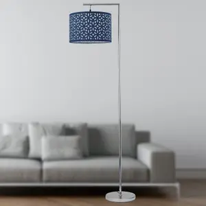 First Choice Lighting Chrome Angled Floor Lamp with Navy Blue Laser Cut Shade