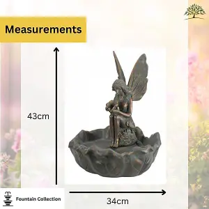 Vintage Fairy Water Fountain - Solar Powered Bronze Patina Winged Fairy Colour Water Feature