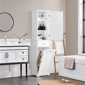 Yaheetech White Freestanding Bathroom Cabinet with Laundry Basket and Storage Shelves