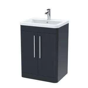 Floor Standing 2 Door Vanity Unit with Ceramic Basin - 600mm - Soft Black