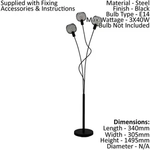 Standing Floor Lamp Light Black Mesh Shade 3 Arm 40W E14 Bulb Living Room