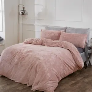 Sienna Glitter Teddy Duvet Cover with Pillowcase Bedding Set, Blush - Superking