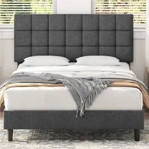 Yaheetech Dark Grey 5ft King Upholstered Bed Frame with Square Tufted Adjustable Headboard and Wooden Slats Support