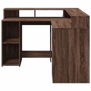 Berkfield Desk with LED Lights Brown Oak 130x130x91 cm Engineered Wood