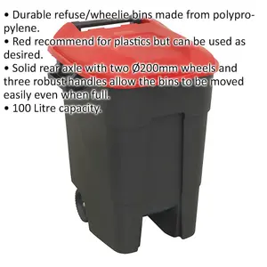 Durable 100 Litre Red Wheelie Bin with Solid Rear Axle and 200mm Wheels