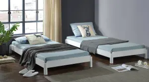 White Wooden Stacking Bed, 3in1 Guest Bed, 2 Layer Space Saving Bed Frame, Converts to 2 Single Day Beds