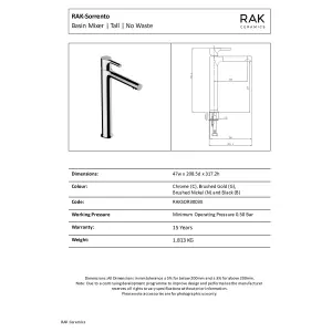 RAK Sorrento Tall Brushed Gold Modern Basin Tap Solid Brass