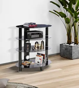 Centurion Supports HALIGON 4-Shelf Oval Premium Black Glass with Black Legs AV Rack