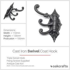 Oakcrafts - Antique Iron Triple Swivel Hat and Coat Hook