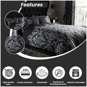 Kern Cotton Blend Damask Duvet Cover Set with Pillowcases Black / Super King - 2 Standard Pillowcases