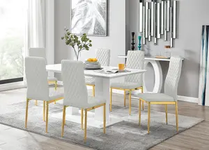 Imperia White High Gloss 6 Seater Dining Table with Structural 2 Plinth Column Legs 6 White Faux Leather Gold Leg Milan Chairs