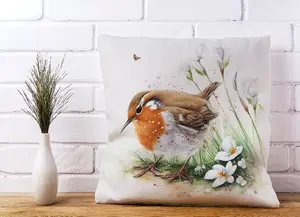 Robin And Daisies Watercolour Cushions 45cm x 45cm