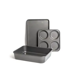 3pc Non-Stick Bakeware Set with Baking Tray, Roasting Pan and 4-Hole Yorkshire Pudding Pan