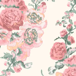 Laura Ashley Hollyhocks Coral Pink Floral Smooth Wallpaper Sample