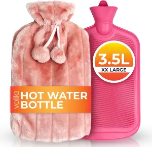 3.5L XX Large Hot Water Bottle - Pink Faux Fur Covered Pain Relief & Hand/Foot Warmer - Soft, Washable, Hot & Cold Compress