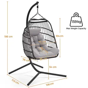 Yaheetech Black Foldable PE Rattan Hanging Chair with Cushion & Pillow & Rain Cover for Garden