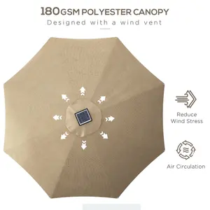 Outsunny Solar Patio Garden Parasol with Lights for Outdoor, Khaki