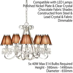 Esher Ceiling Pendant Chandelier Nickel Crystal & Brown Shades 5 Lamp Light