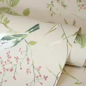 Crown Mariko Floral Treebird Natural Wallpaper M1855