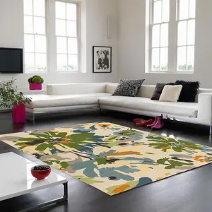 Floral Green Multi Wool Luxurious Modern Easy to Clean Handmade Rug For Dining Room Bldroom And Living Room-160cm X 230cm