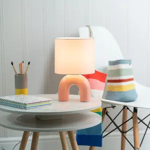 ValueLights Kids Rainbow Shaped Table Lamp Arched Base and Pink Drum Fabric Shade - Including Bulb