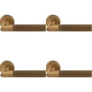 4 PACK - Premium Reeded Lined Door Handle Set - Antique Bass Designer Lever Round Rose