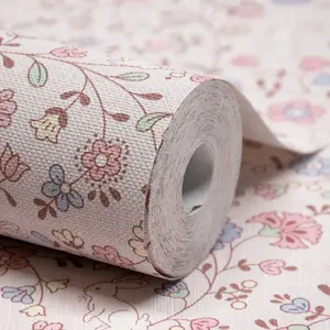 Grandeco Liberty Floral Bunny Trail Nursery Textured Wallpaper Pink