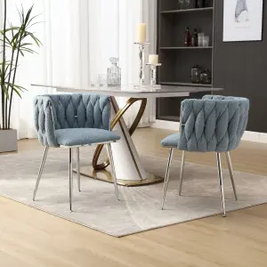 Pair of Modern Hand Weaving Dining Chairs Upholstered Side Chairs Kitchen Chairs with Armrest for Dining Room Blue