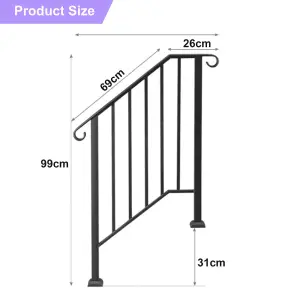 Outdoor Black Steel Handrail 2 Steps Garden Stairs Safety Grab Bannister Rail