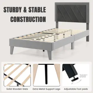 Costway Single Size Bed Frame Velvet Upholstered Platform Bed Slat with High Headboard