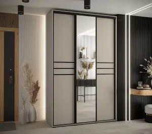 Elegant Cashmere & Black Sliding Door Wardrobe H2350mm W1500mm D600mm - Spacious Design with Mirrored Panel