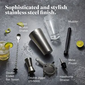 VonShef Cocktail Shaker Set Silver, 550ml Boston Shaker, 6pc Bartender Kit for Home Bar - Strainer, Muddler, Jigger & Gift Box