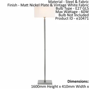 Floor Lamp Light Matt Nickel & Vintage White Fabric 60W E27 Base & Shade